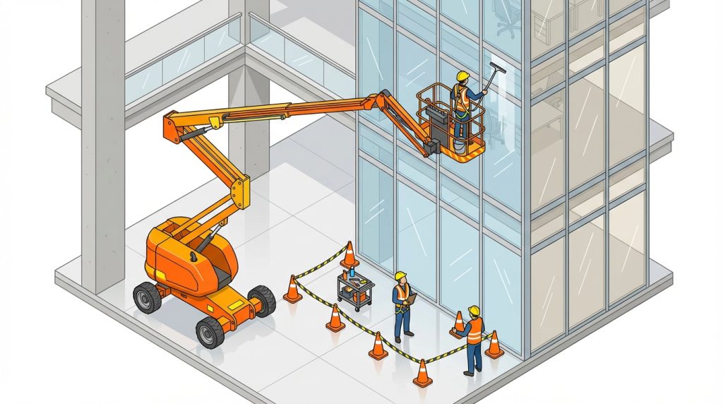 ガラス清掃 ビル 内側 高所作業車