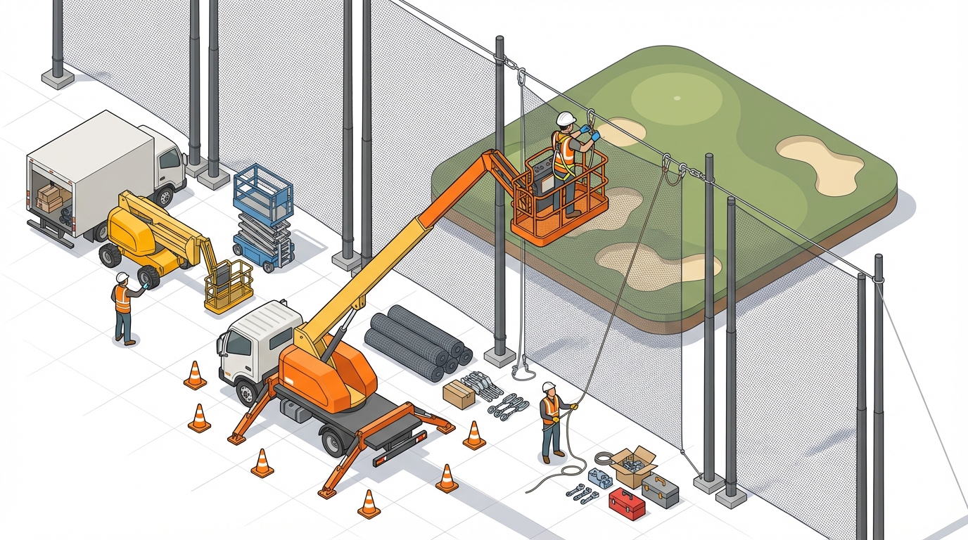 ネット張り ゴルフ場 高所作業車