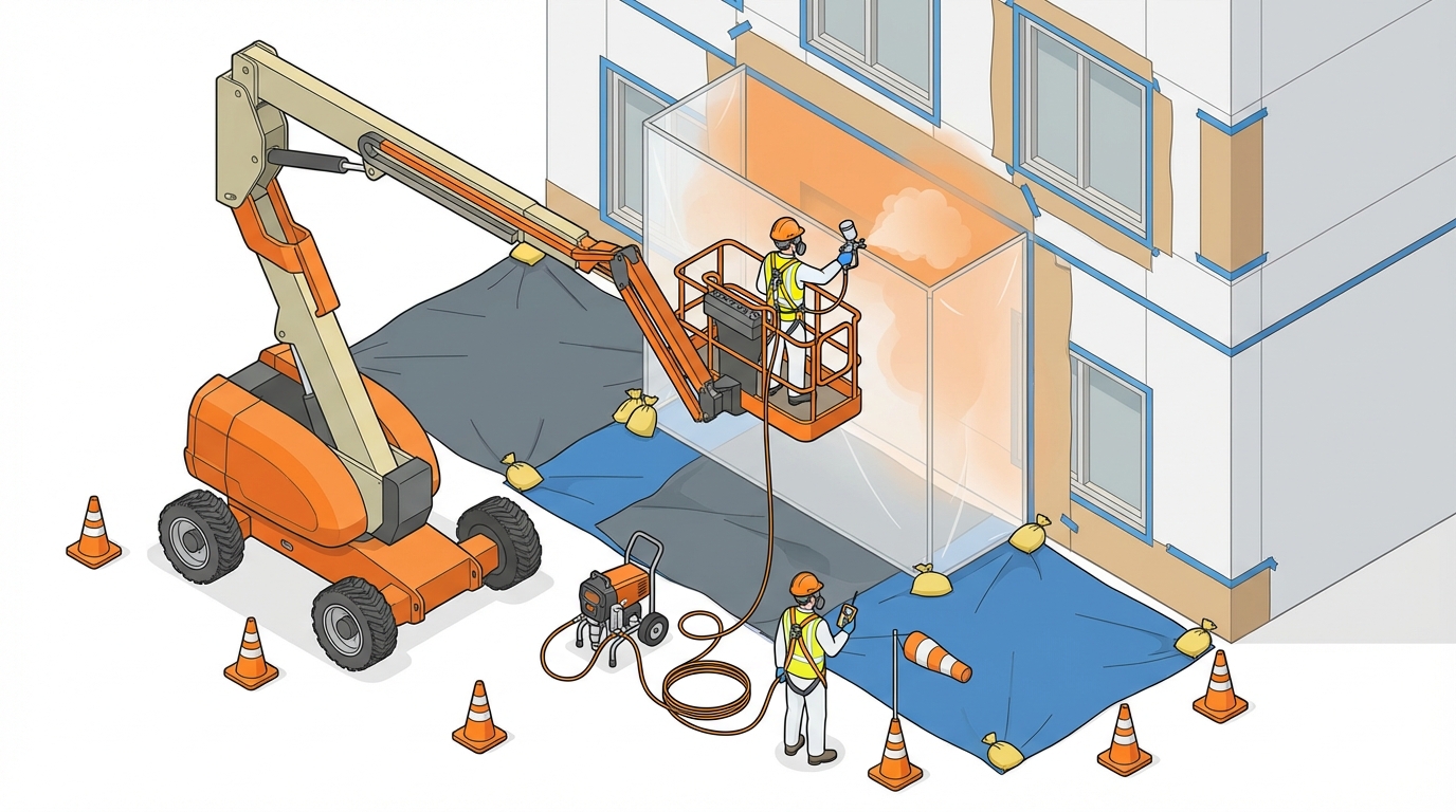 塗装 吹き付け 飛散 高所作業車