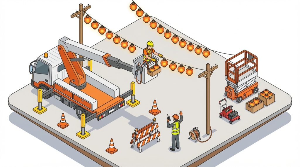 お祭り 提灯 設置 高所作業車