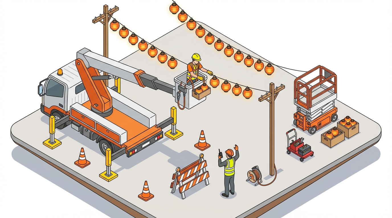お祭り 提灯 設置 高所作業車