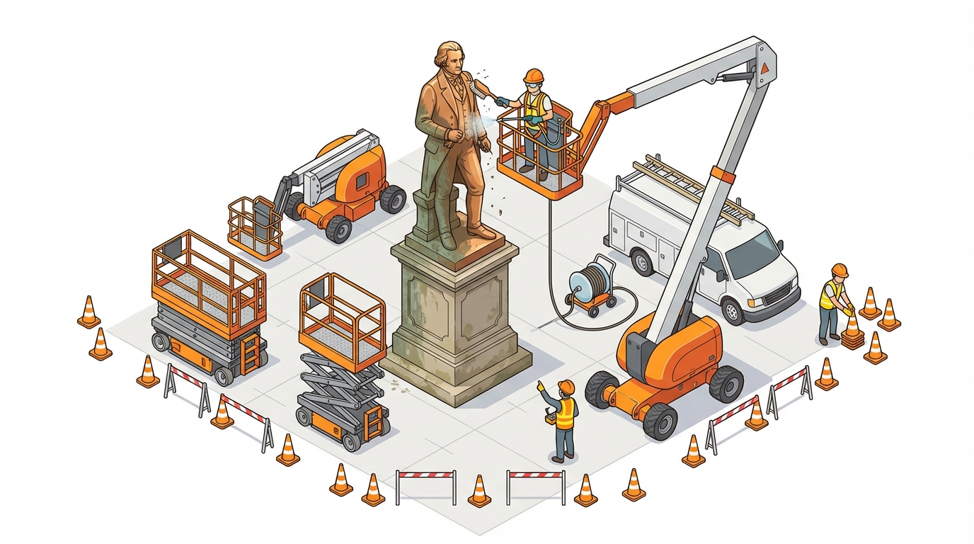 銅像 清掃 高所作業車