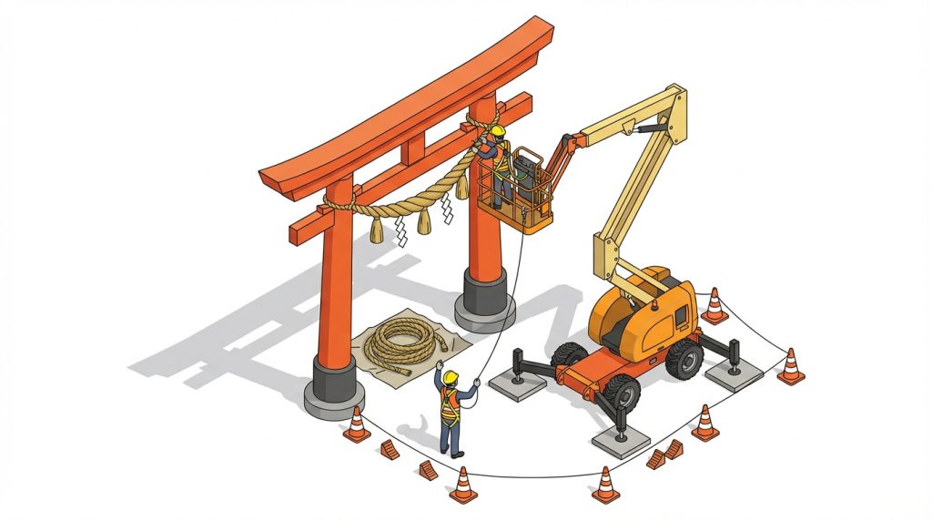 鳥居 しめ縄 交換 高所作業車