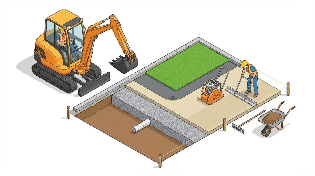 人工芝 下地作り バックホー