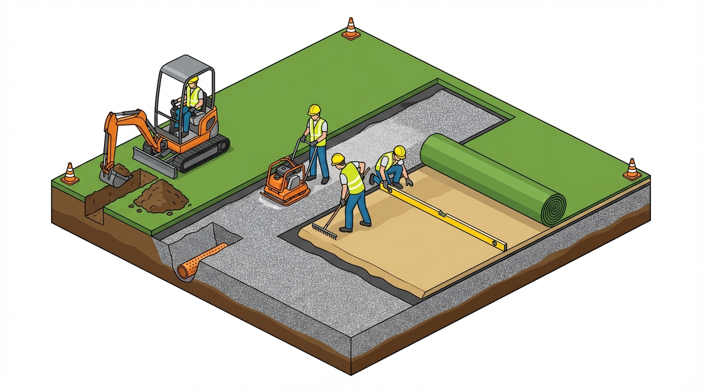 人工芝 下地作り バックホー